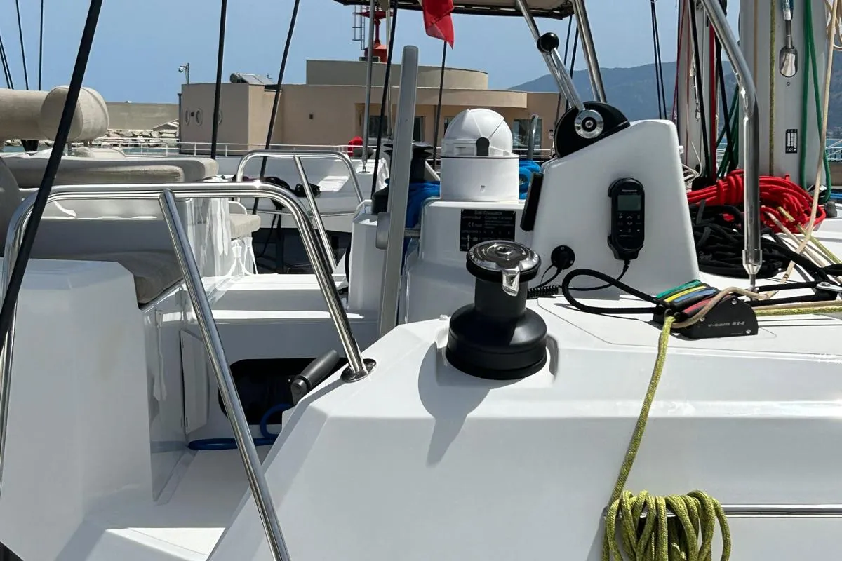 Cockpit of Kanè, a Bali Catspace catamaran at Capo d'Orlando, Italy