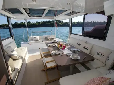 Deck of Kanè, a Bali Catspace catamaran at Capo d'Orlando, Italy
