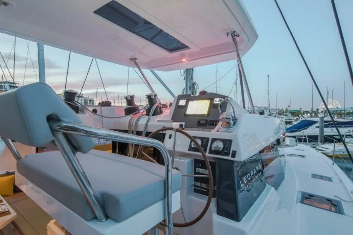 Cockpit of Hakuna Matata, a Leopard 50 catamaran at Marmaris, Turkey