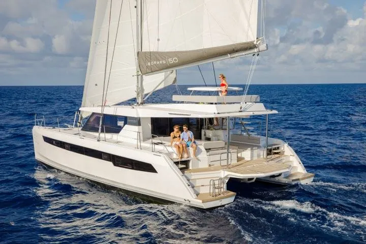Exterior view of Hakuna Matata, a Leopard 50 catamaran at Marmaris, Turkey