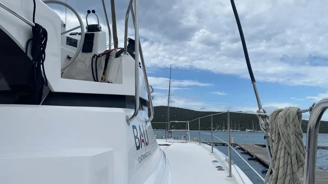 Deck of Tursiops, a Bali Catspace catamaran at Olbia, Italy