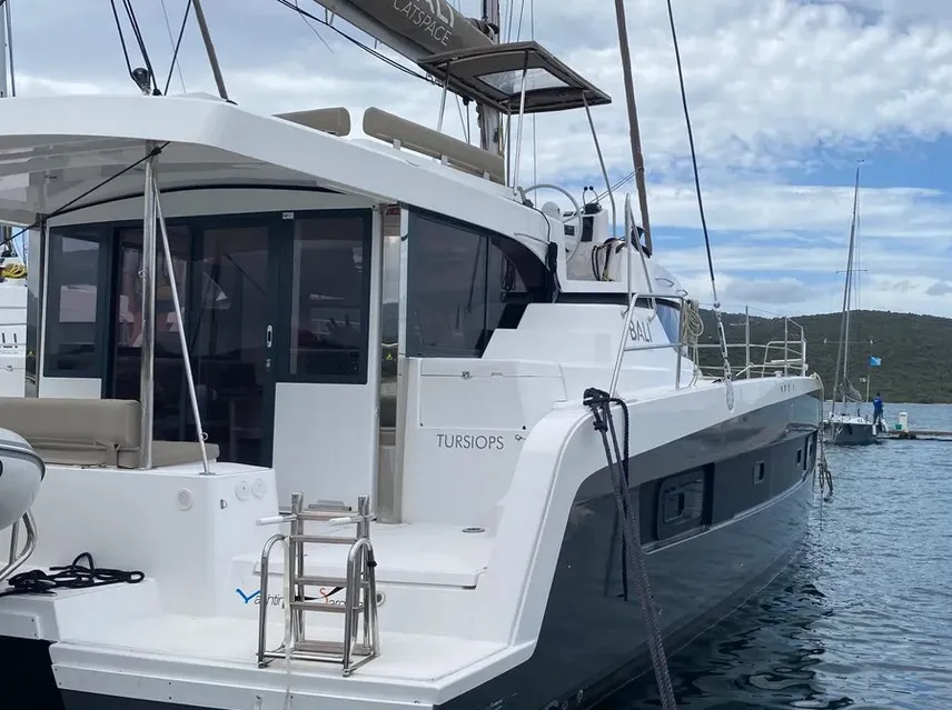 Exterior view of Tursiops, a Bali Catspace catamaran at Olbia, Italy