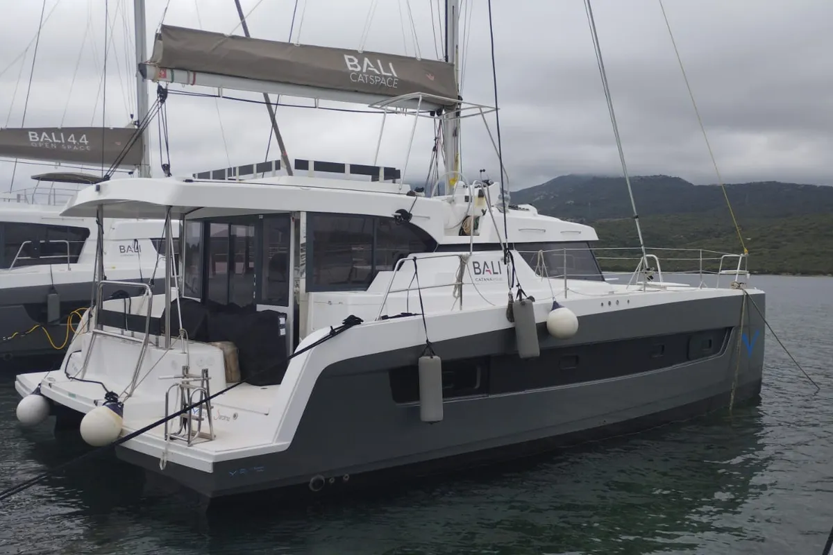 Exterior view of Tursiops, a Bali Catspace catamaran at Olbia, Italy