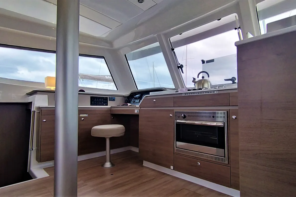 Salon of Tursiops, a Bali Catspace catamaran at Olbia, Italy