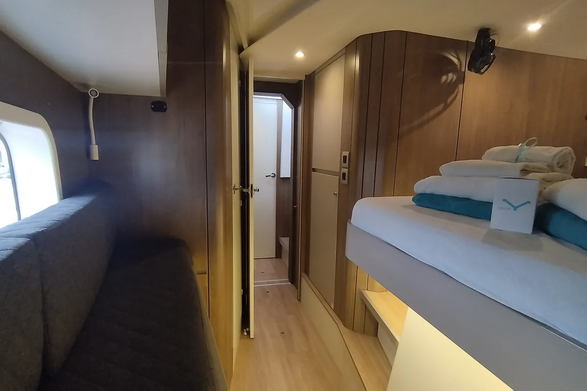 Cabin on Tursiops, a Bali Catspace catamaran at Olbia, Italy