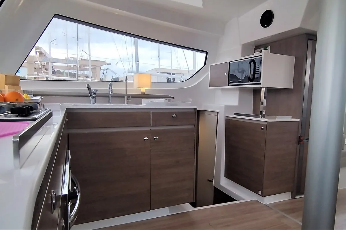 Galley of Tursiops, a Bali Catspace catamaran at Olbia, Italy