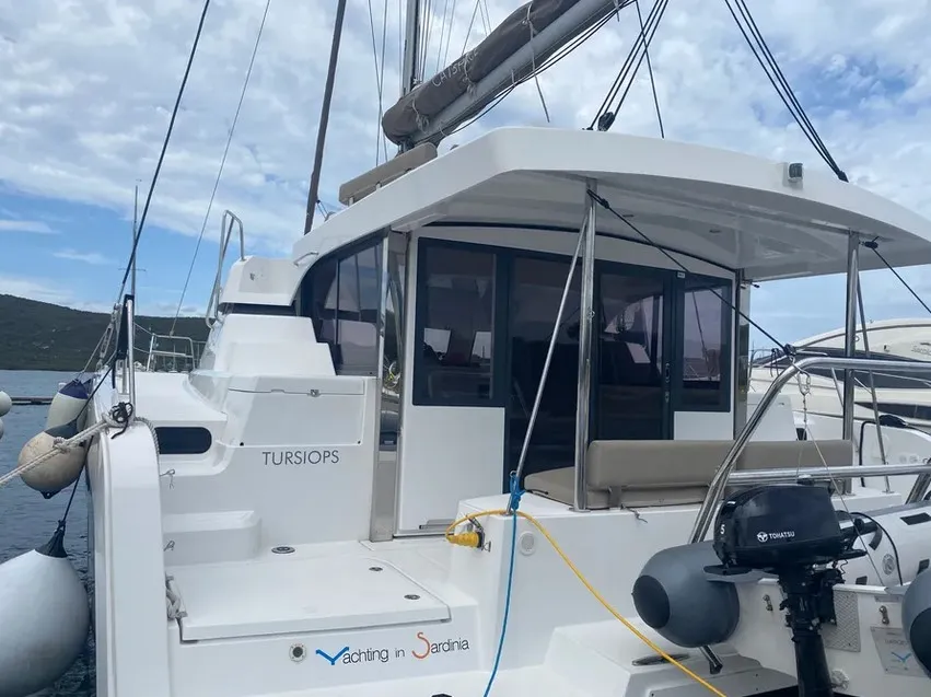 Exterior view of Tursiops, a Bali Catspace catamaran at Olbia, Italy