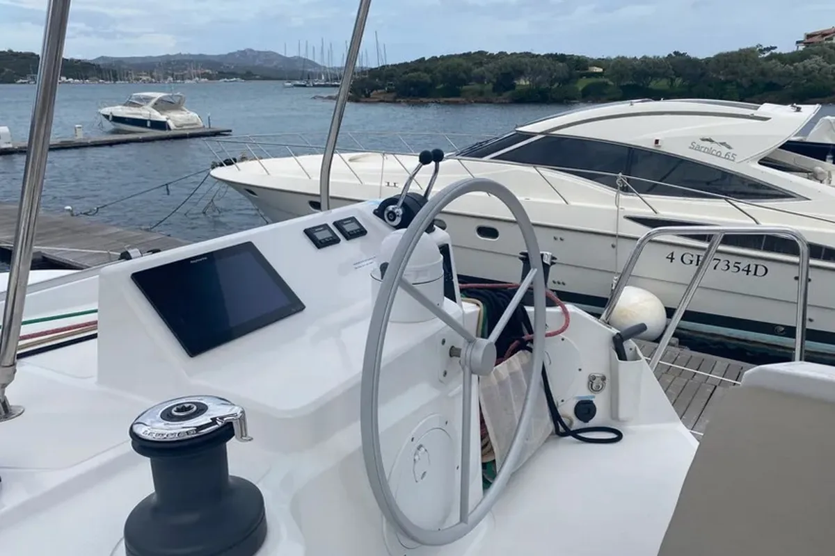 Salon of Tursiops, a Bali Catspace catamaran at Olbia, Italy