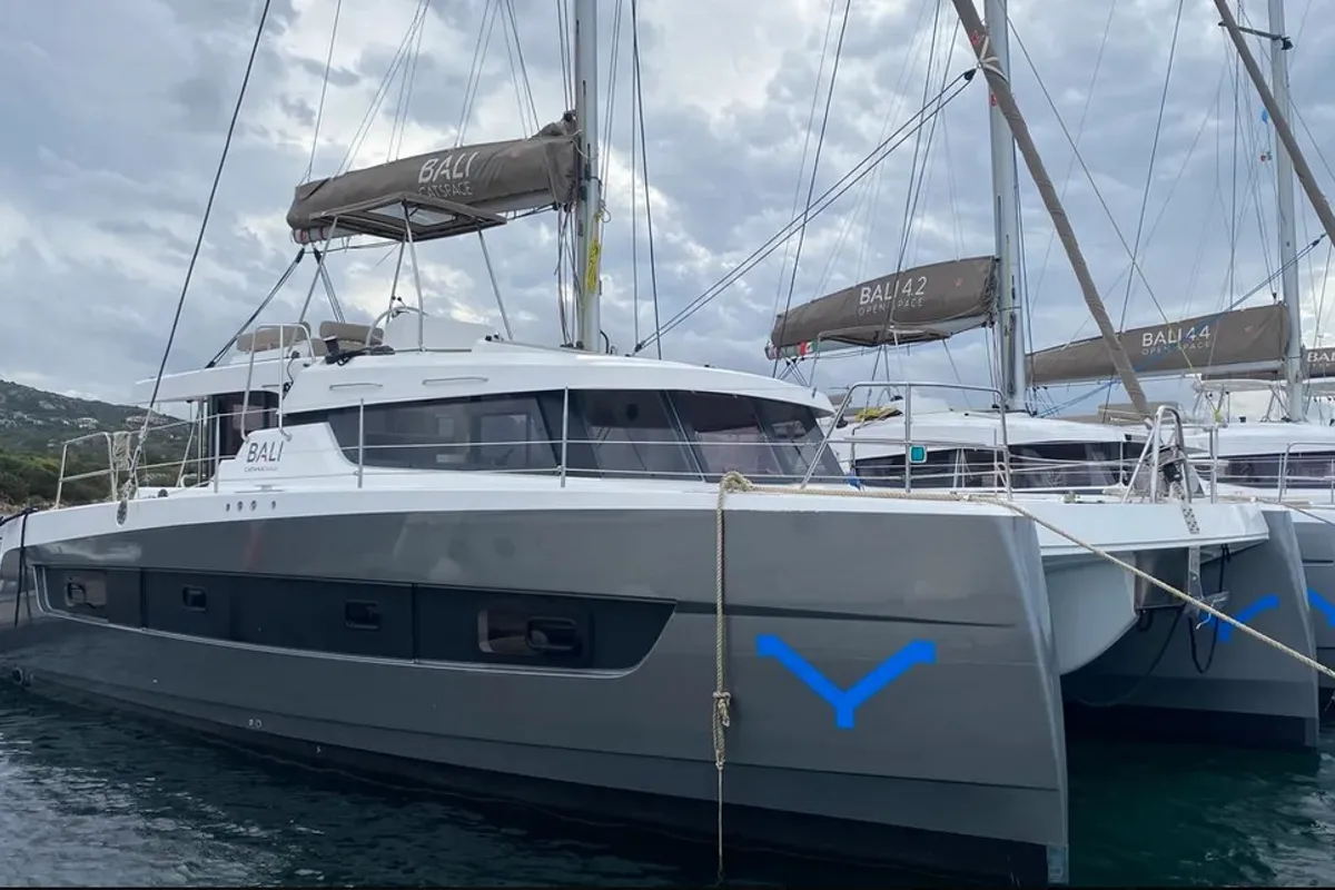 Exterior view of Tursiops, a Bali Catspace catamaran at Olbia, Italy