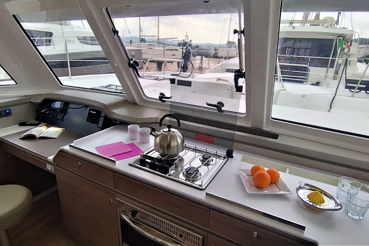 Galley of Tursiops, a Bali Catspace catamaran at Olbia, Italy