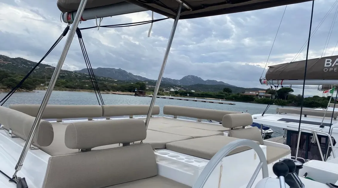 Deck of Tursiops, a Bali Catspace catamaran at Olbia, Italy
