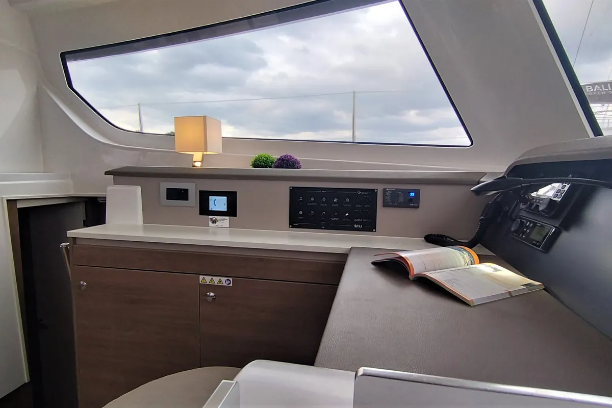 Salon of Tursiops, a Bali Catspace catamaran at Olbia, Italy