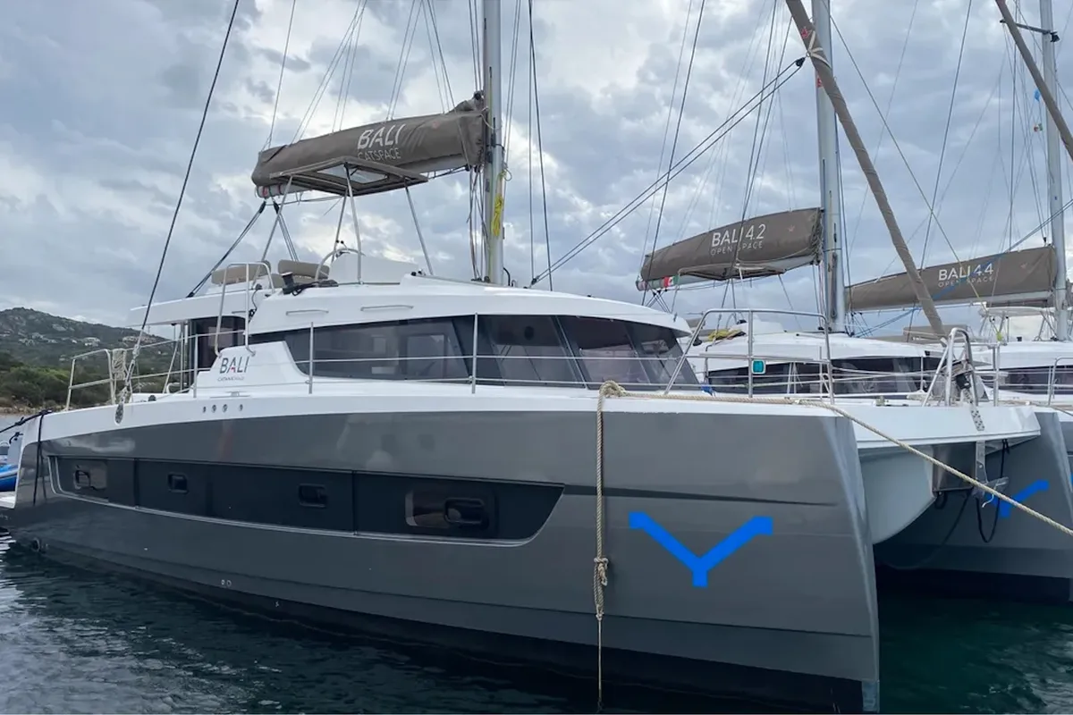 Exterior view of Tursiops, a Bali Catspace catamaran at Olbia, Italy