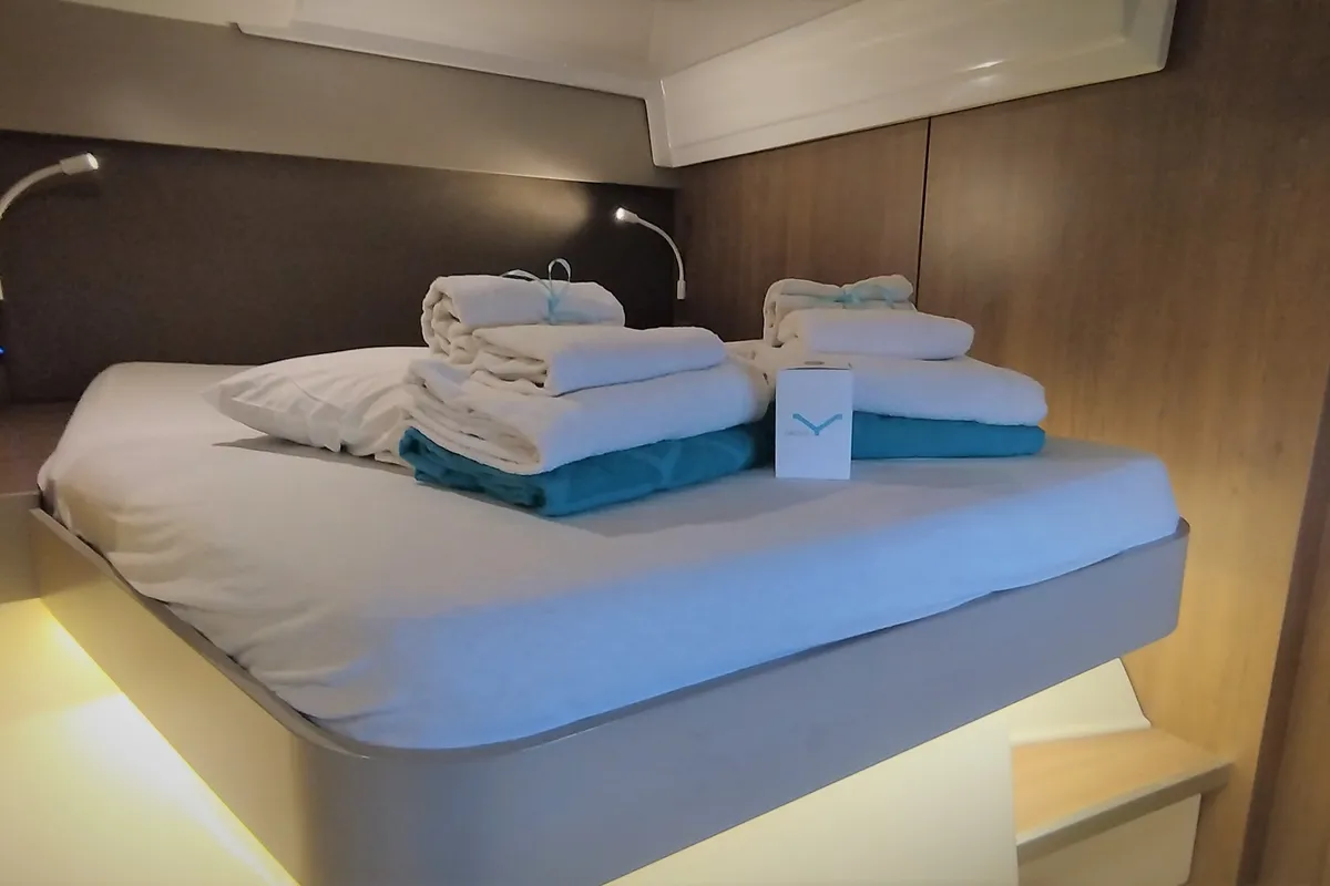 Cabin on Tursiops, a Bali Catspace catamaran at Olbia, Italy