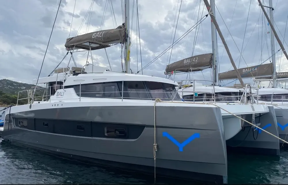 Exterior view of Tursiops, a Bali Catspace catamaran at Olbia, Italy