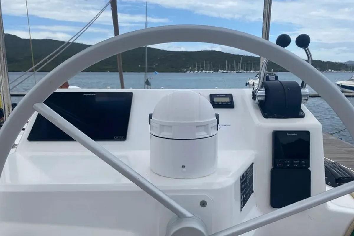 Exterior view of Tursiops, a Bali Catspace catamaran at Olbia, Italy