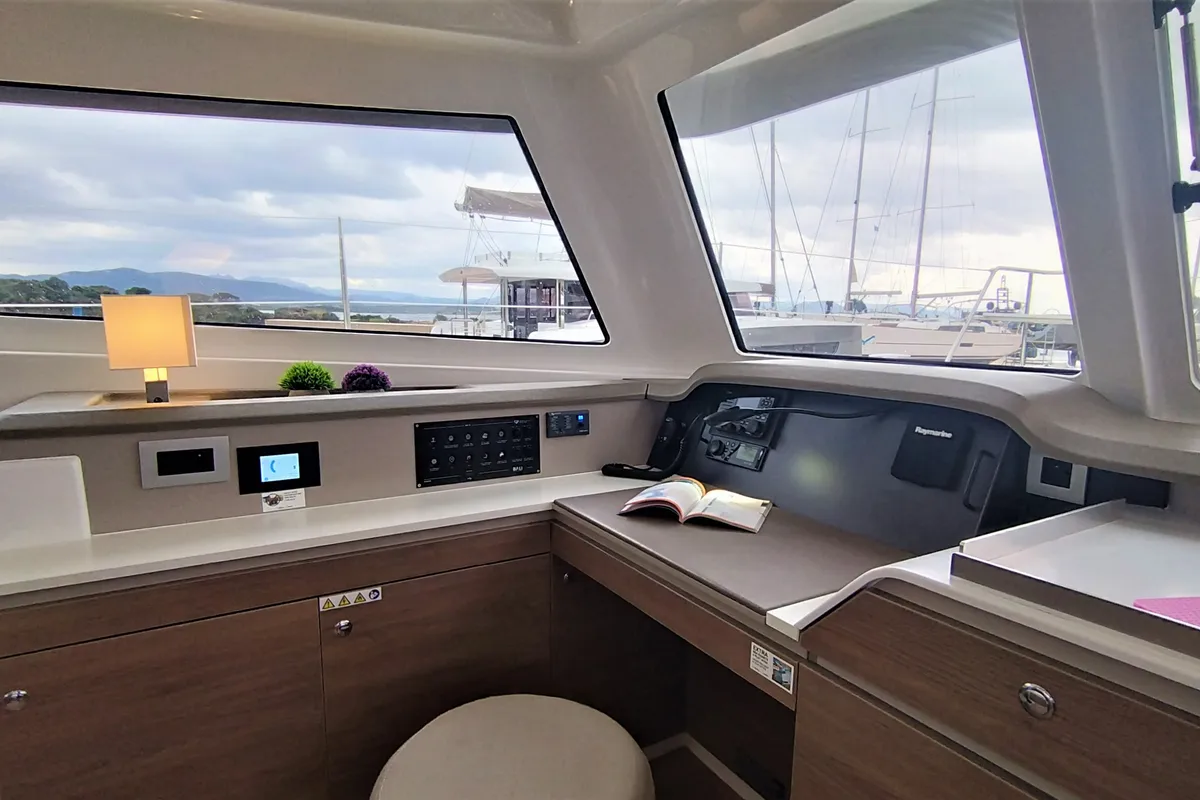 Exterior view of Tursiops, a Bali Catspace catamaran at Olbia, Italy