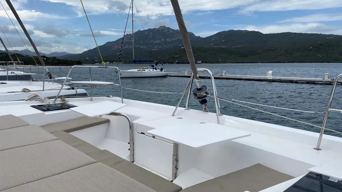 Deck of Tursiops, a Bali Catspace catamaran at Olbia, Italy