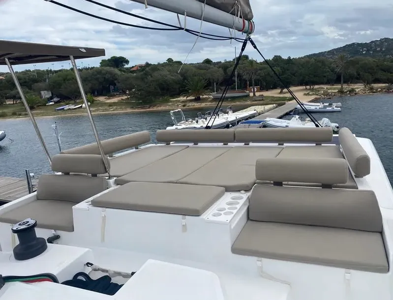 Salon of Tursiops, a Bali Catspace catamaran at Olbia, Italy