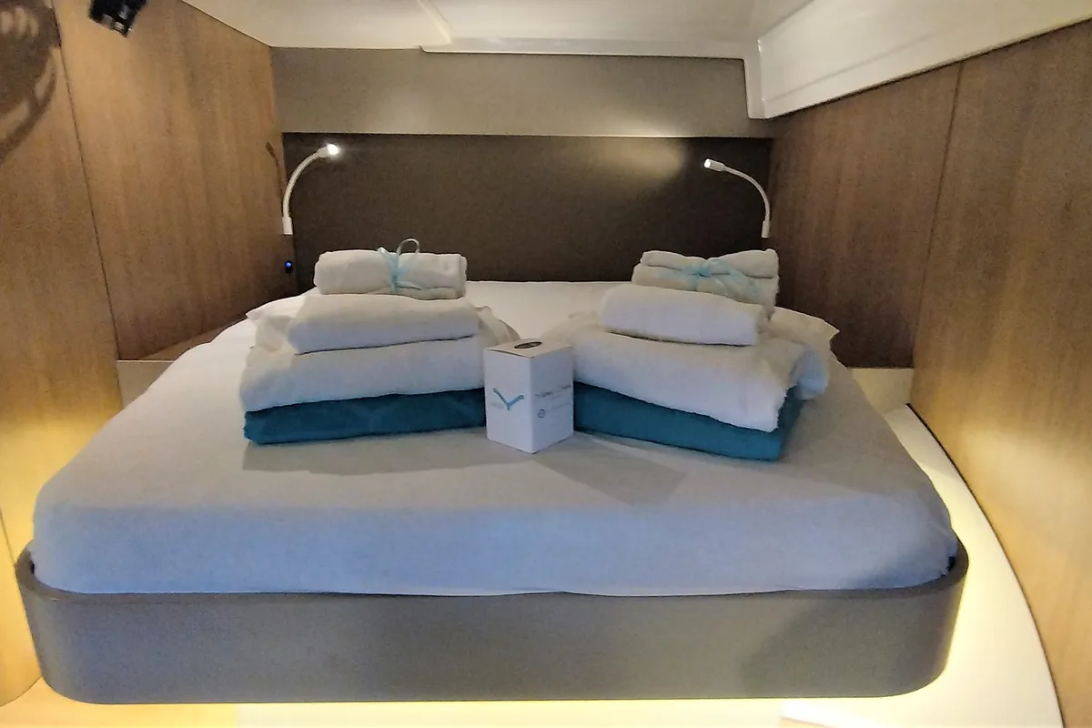 Cabin on Tursiops, a Bali Catspace catamaran at Olbia, Italy