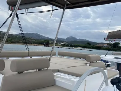 Deck of Tursiops, a Bali Catspace catamaran at Olbia, Italy