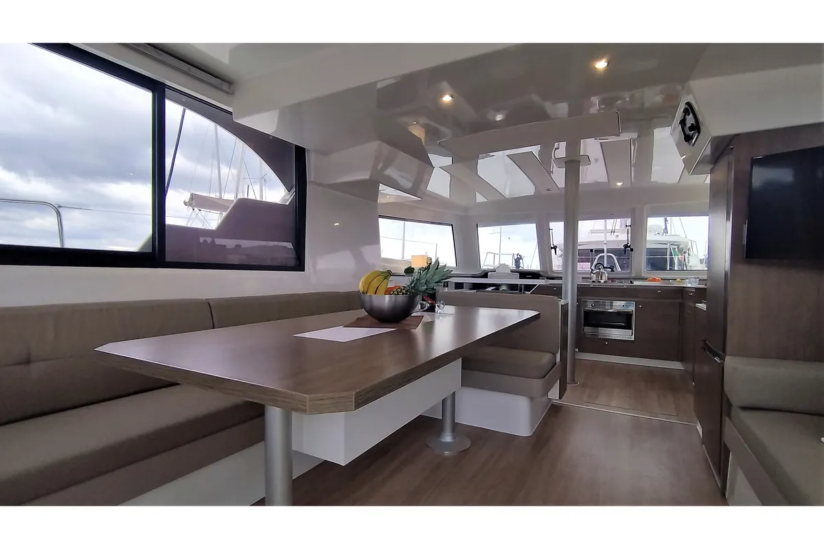 Salon of Tursiops, a Bali Catspace catamaran at Olbia, Italy