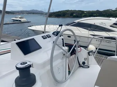 Cockpit of Tursiops, a Bali Catspace catamaran at Olbia, Italy