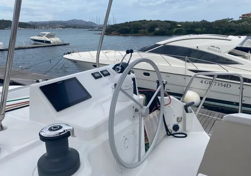 Cockpit of Tursiops, a Bali Catspace catamaran at Olbia, Italy