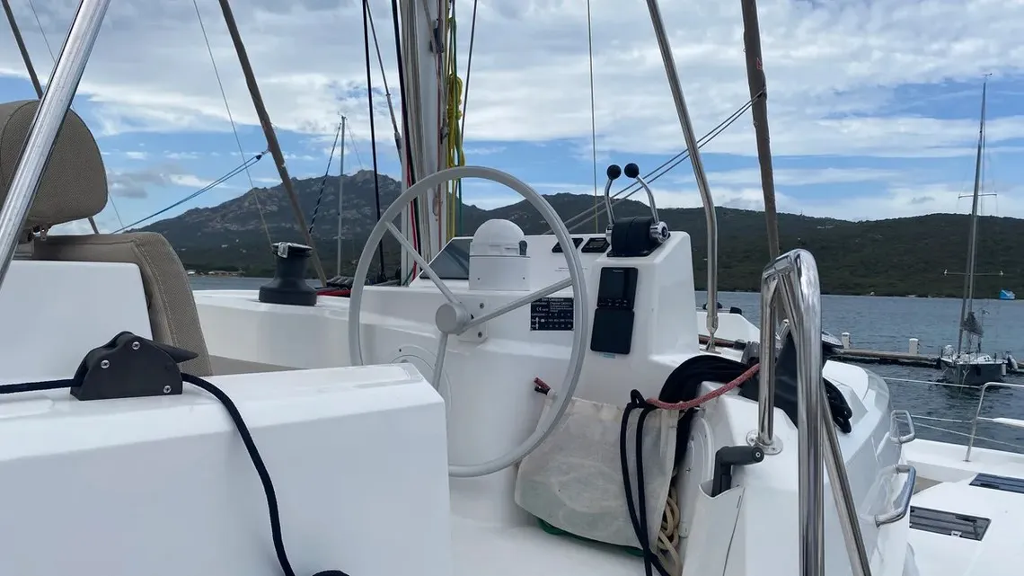 Cockpit of Tursiops, a Bali Catspace catamaran at Olbia, Italy