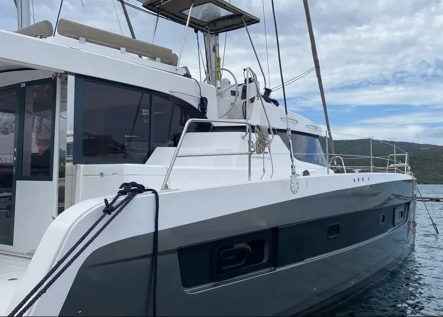 Exterior view of Tursiops, a Bali Catspace catamaran at Olbia, Italy