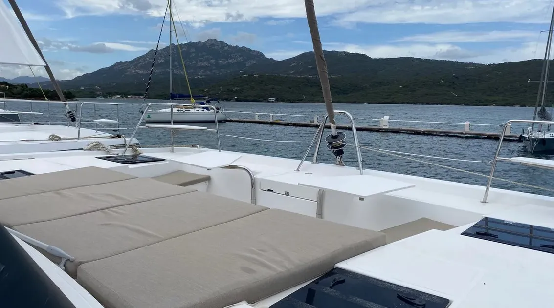 Deck of Tursiops, a Bali Catspace catamaran at Olbia, Italy