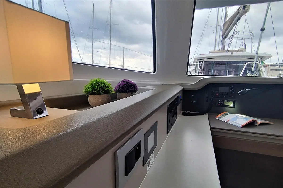 Salon of Tursiops, a Bali Catspace catamaran at Olbia, Italy