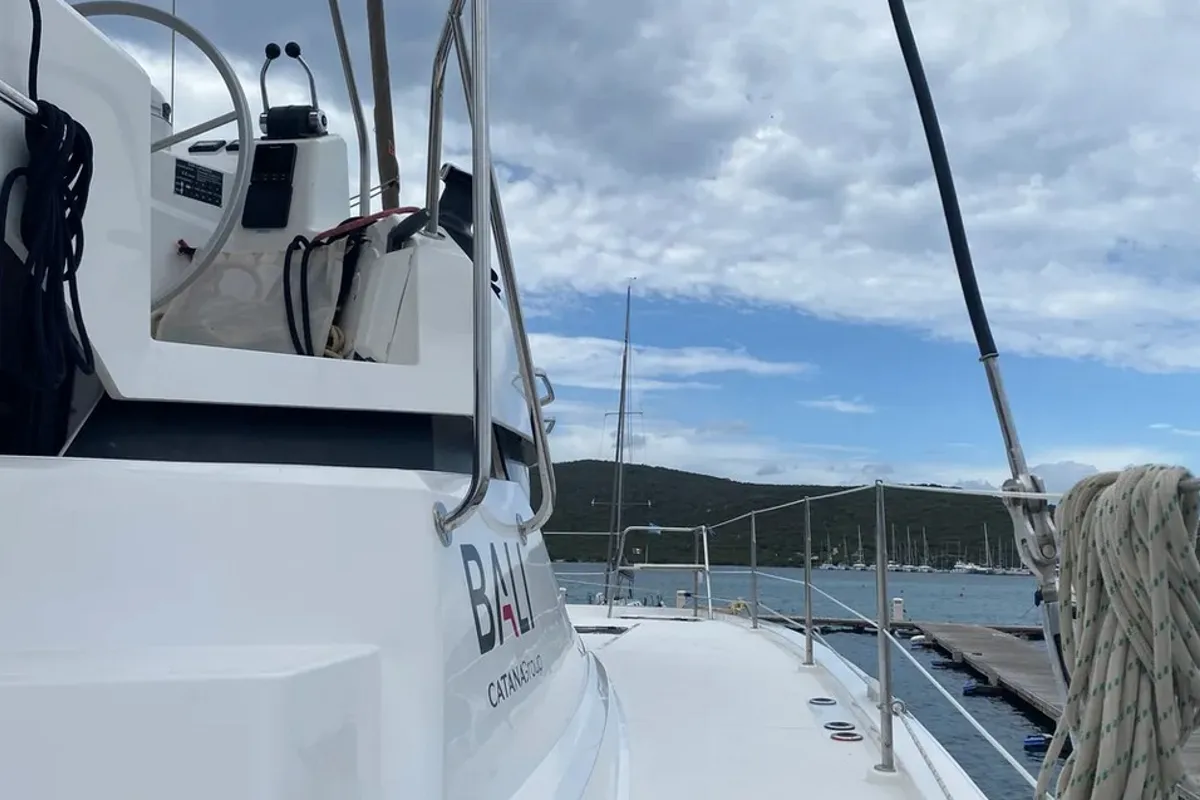 Exterior view of Tursiops, a Bali Catspace catamaran at Olbia, Italy