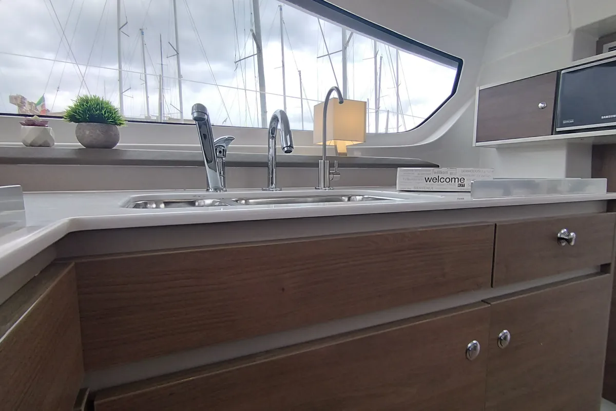 Galley of Tursiops, a Bali Catspace catamaran at Olbia, Italy