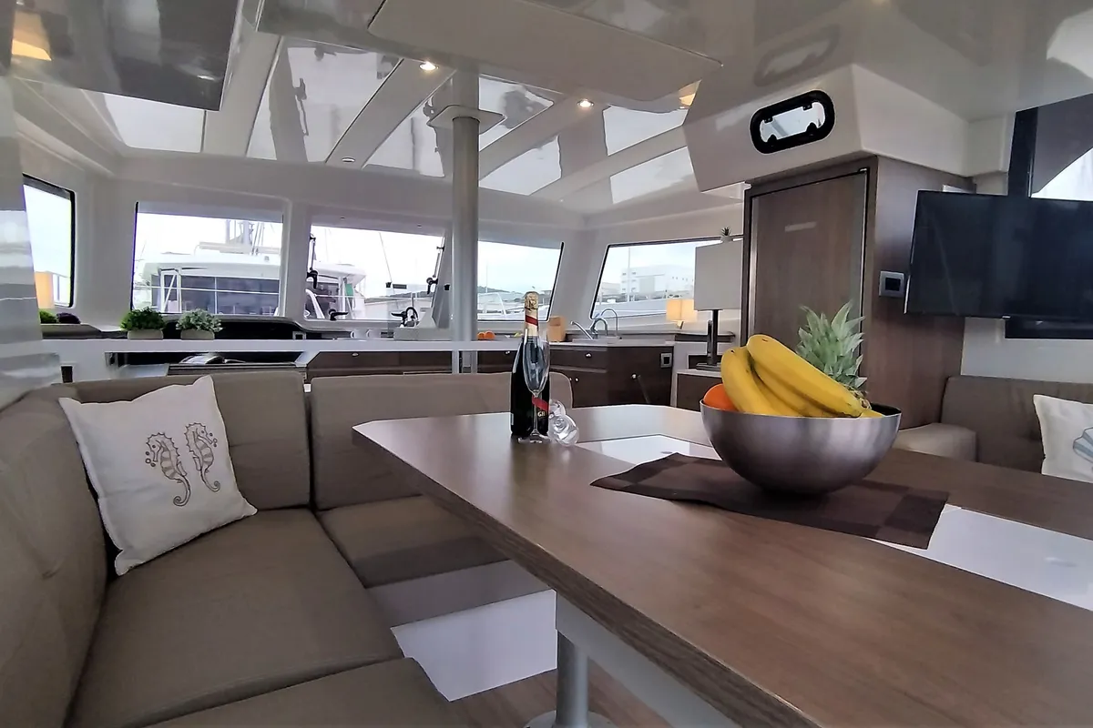 Salon of Tursiops, a Bali Catspace catamaran at Olbia, Italy
