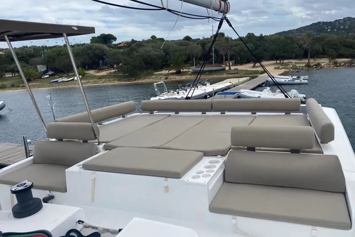 Deck of Tursiops, a Bali Catspace catamaran at Olbia, Italy