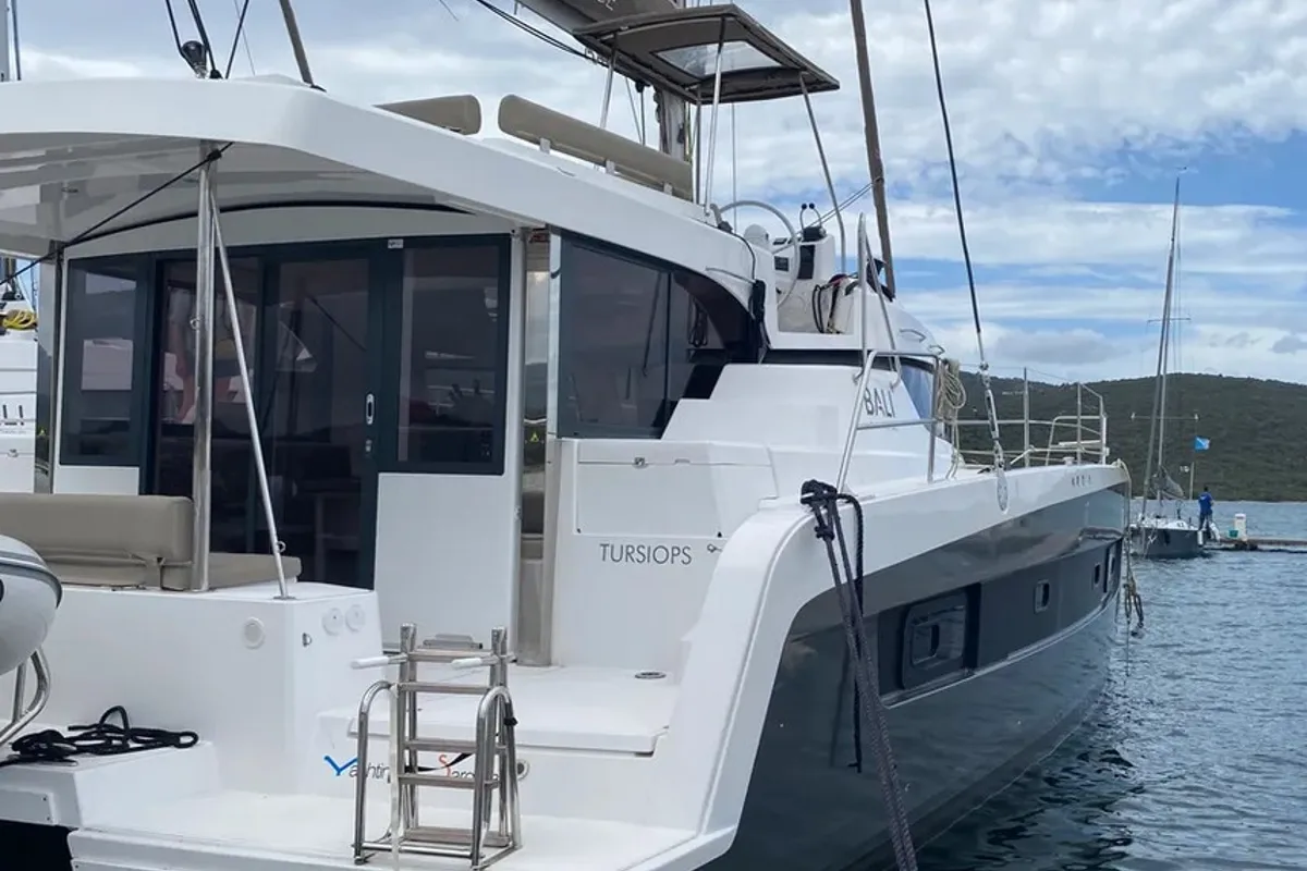 Deck of Tursiops, a Bali Catspace catamaran at Olbia, Italy