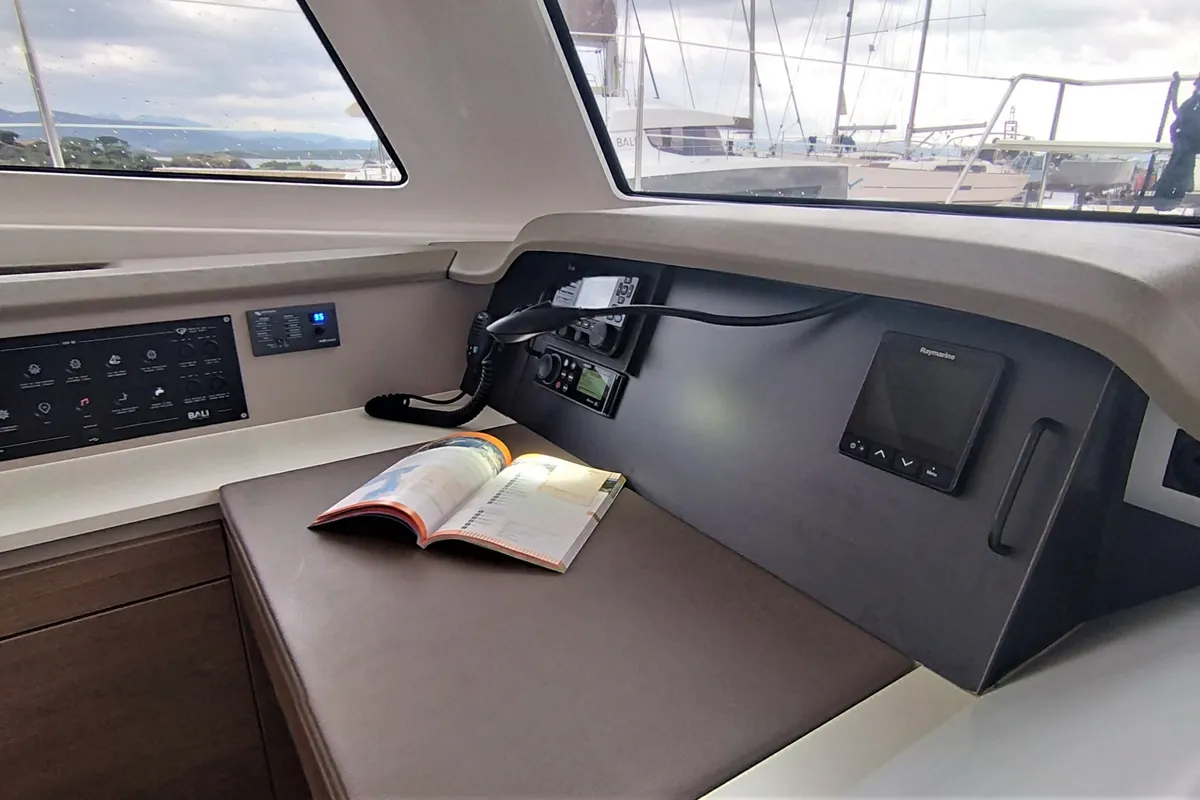 Cockpit of Tursiops, a Bali Catspace catamaran at Olbia, Italy