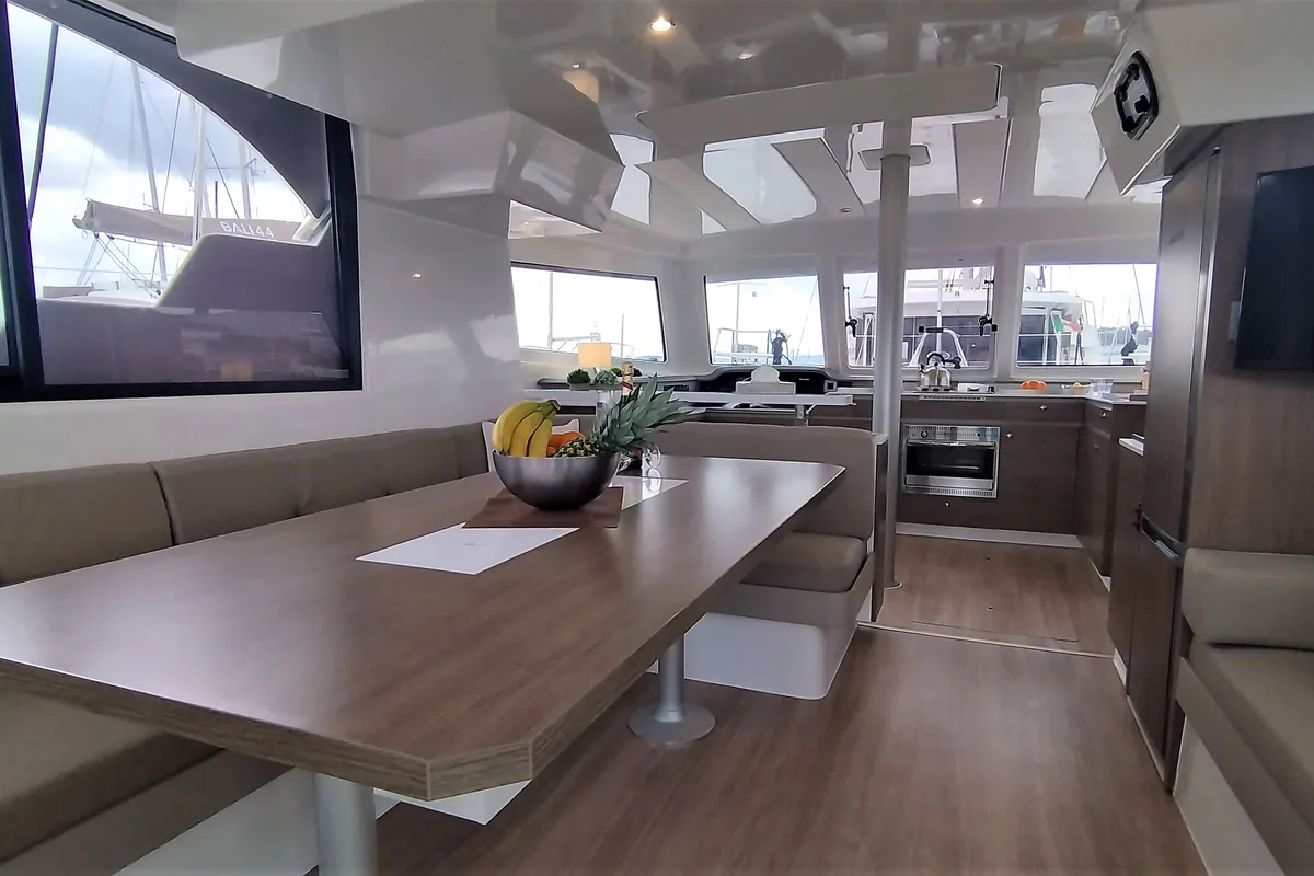 Salon of Tursiops, a Bali Catspace catamaran at Olbia, Italy