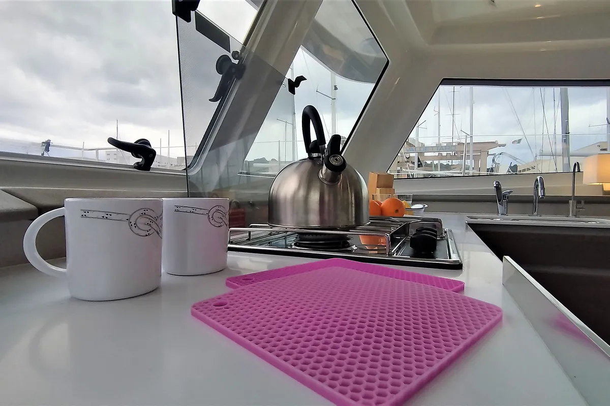 Galley of Tursiops, a Bali Catspace catamaran at Olbia, Italy