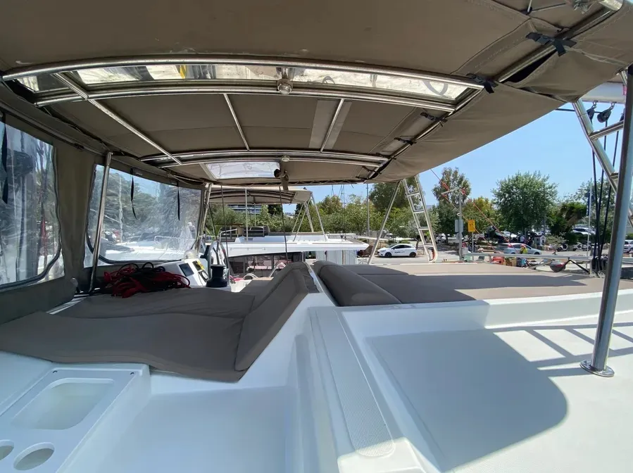 Deck of Nereida, a Bali 4.1 catamaran at Athens, Greece