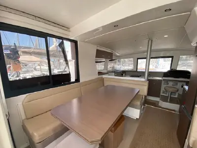 Salon of Nereida, a Bali 4.1 catamaran at Athens, Greece