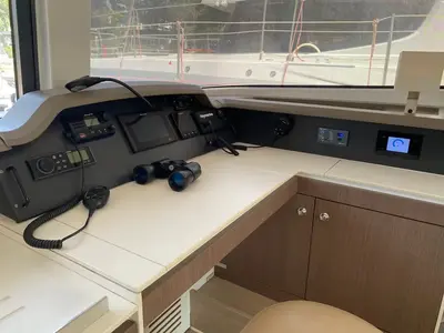 Cockpit of Nereida, a Bali 4.1 catamaran at Athens, Greece