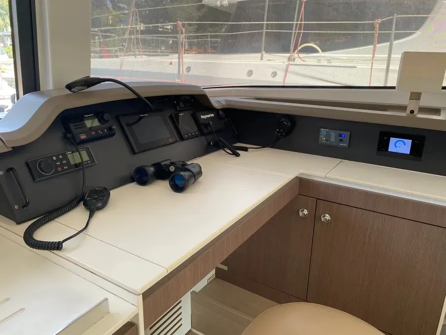 Cockpit of Nereida, a Bali 4.1 catamaran at Athens, Greece