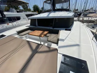 Deck of Nereida, a Bali 4.1 catamaran at Athens, Greece