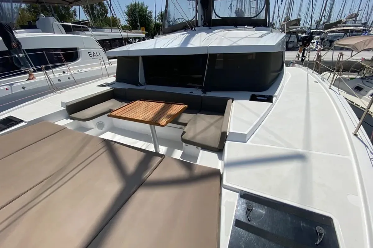 Deck of Nereida, a Bali 4.1 catamaran at Athens, Greece