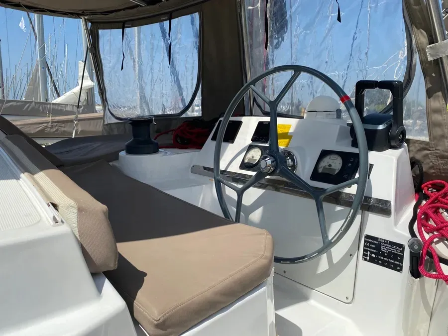 Cockpit of Nereida, a Bali 4.1 catamaran at Athens, Greece
