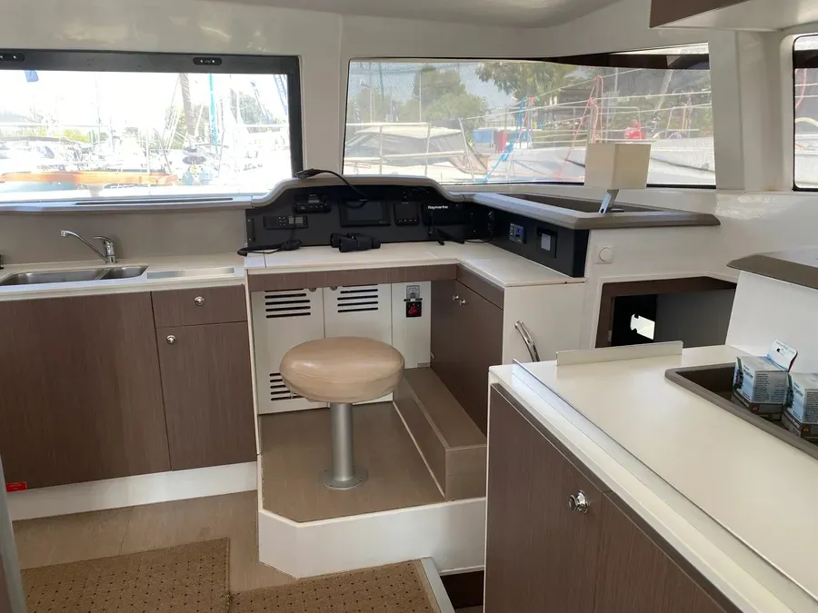 Cockpit of Nereida, a Bali 4.1 catamaran at Athens, Greece