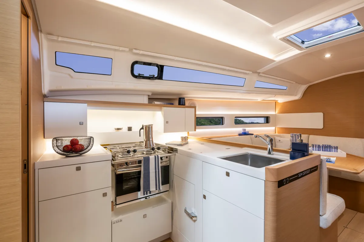 Galley of XTC 4 U, a Jeanneau Sun Odyssey 415 sailboat at Pula, Croatia