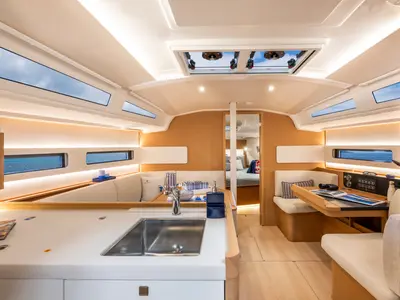 Salon of XTC 4 U, a Jeanneau Sun Odyssey 415 sailboat at Pula, Croatia